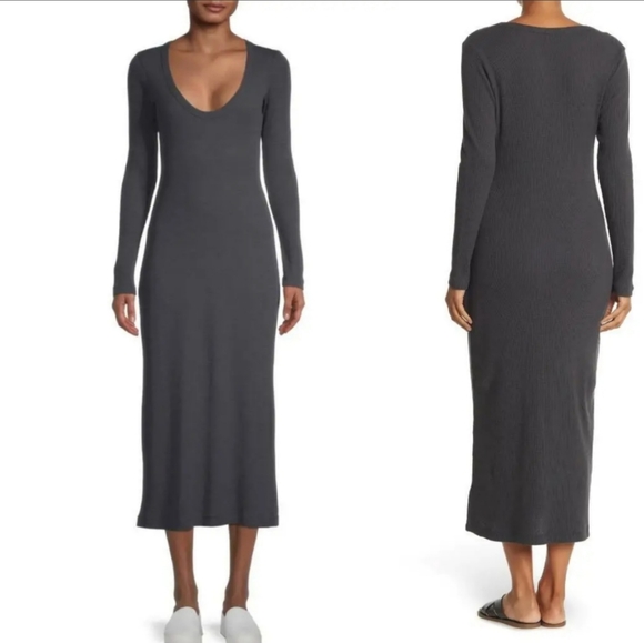 James Perse V-Neck Thermal Knit Midi Dress Elevated Basic Deep Gray Size S - Picture 9 of 14
